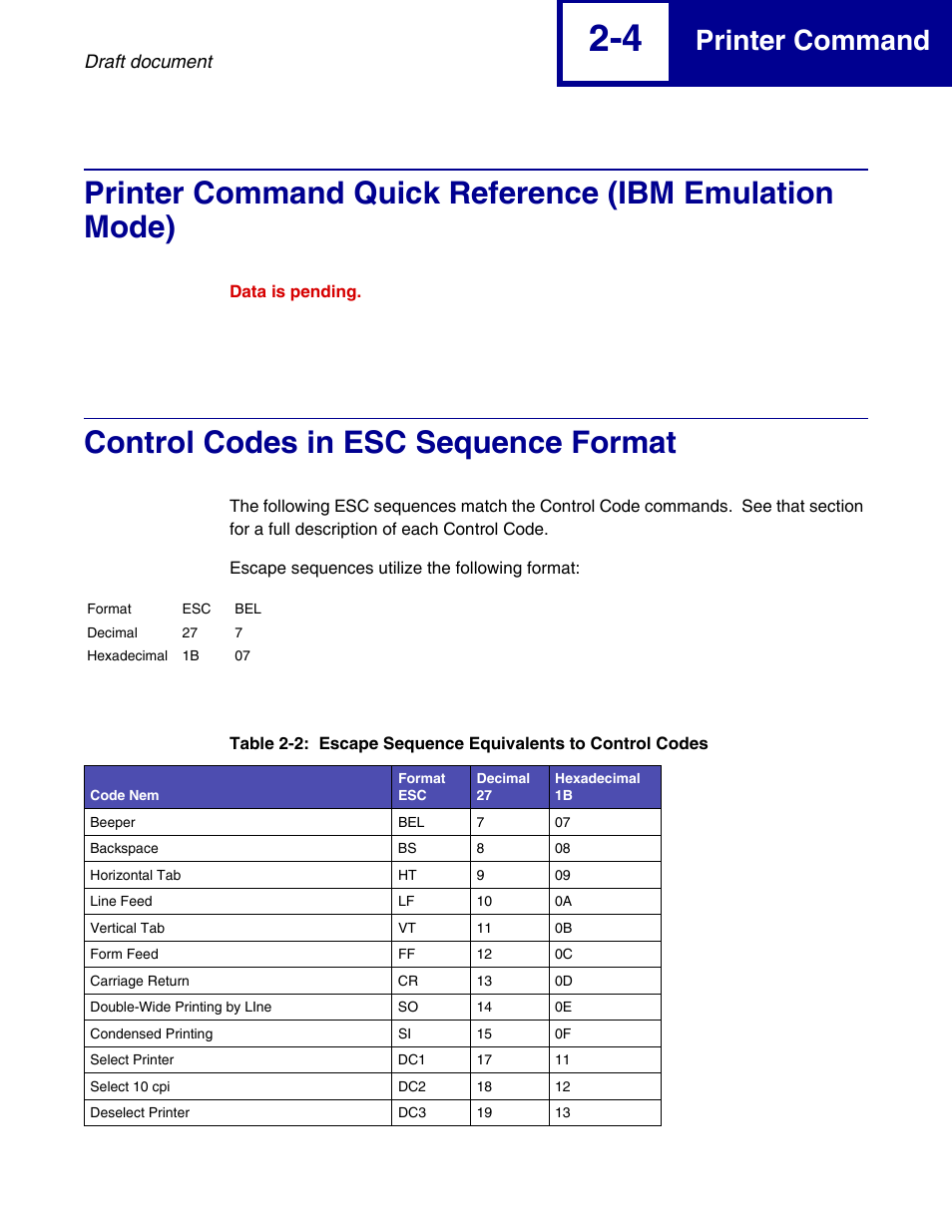 Control codes in esc sequence format, Printer command | Lexmark 258x User Manual | Page 24 / 120