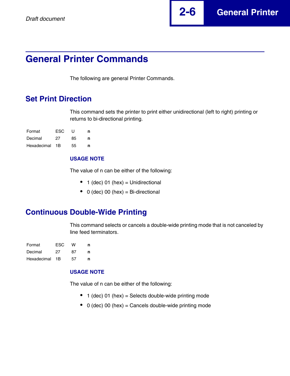 General printer commands, Set print direction, Continuous double-wide printing | General printer commands -6, General printer | Lexmark 258x User Manual | Page 26 / 120