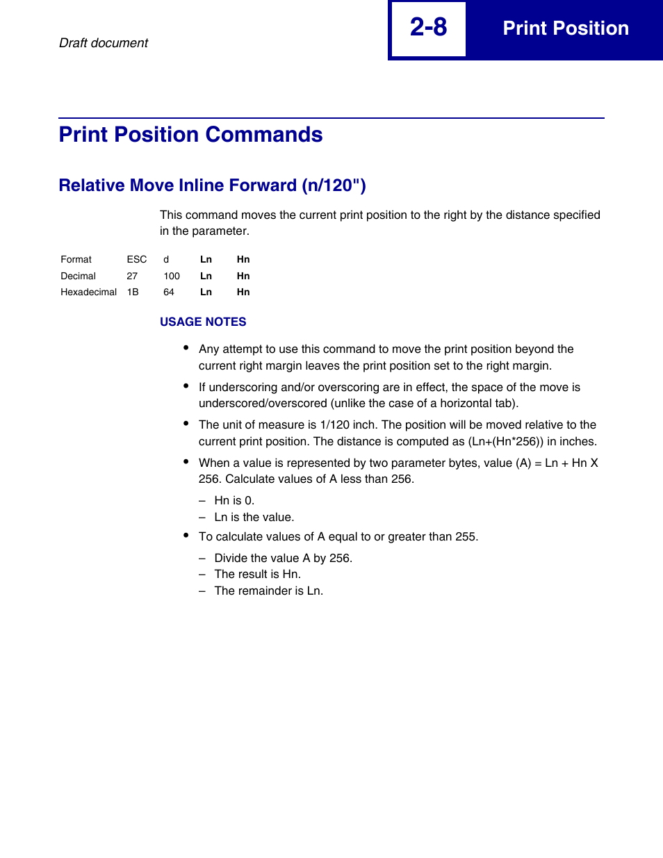 Print position commands, Relative move inline forward (n/120"), Print position commands -8 | Relative move inline forward (n/120") -8, Print position | Lexmark 258x User Manual | Page 28 / 120