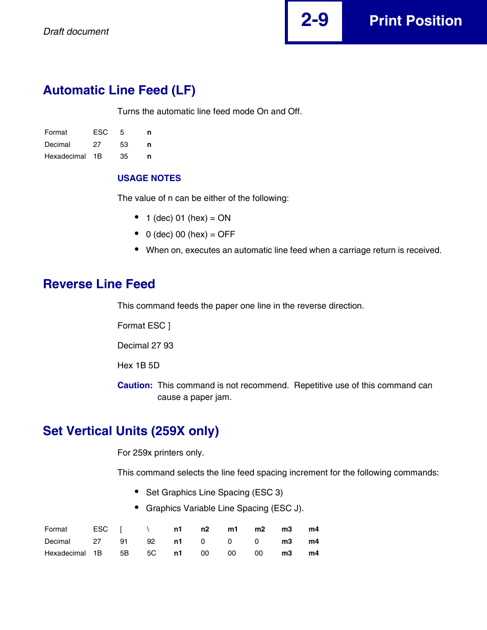 Automatic line feed (lf), Reverse line feed, Set vertical units (259x only) | Print position | Lexmark 258x User Manual | Page 29 / 120