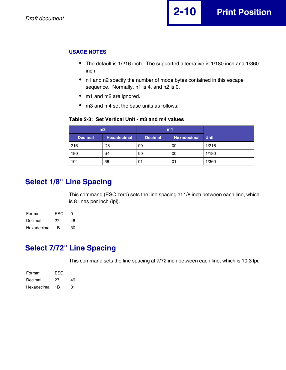 Select 1/8" line spacing, Select 7/72" line spacing, Print position | Lexmark 258x User Manual | Page 30 / 120