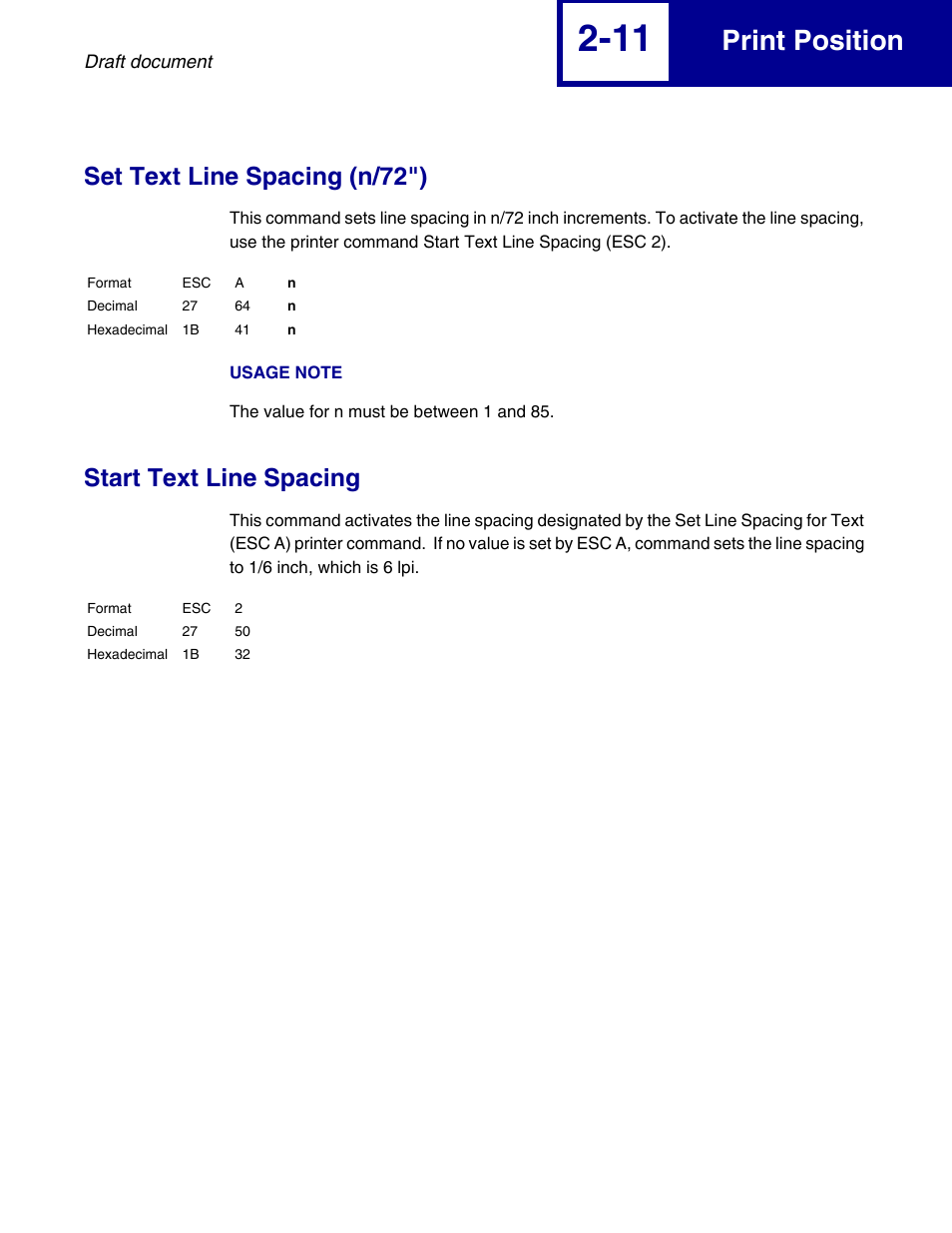 Set text line spacing (n/72"), Start text line spacing, Print position | Lexmark 258x User Manual | Page 31 / 120
