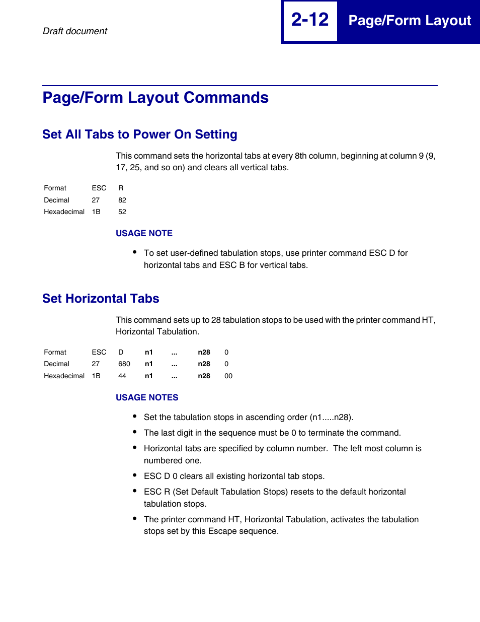 Set all tabs to power on setting, Set horizontal tabs, Page/form layout commands | Page/form layout | Lexmark 258x User Manual | Page 32 / 120