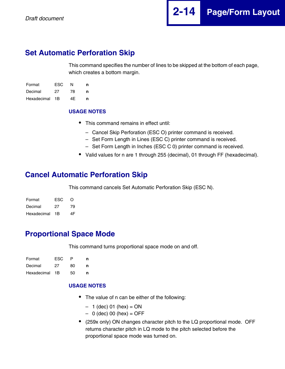 Set automatic perforation skip, Cancel automatic perforation skip, Proportional space mode | Page/form layout | Lexmark 258x User Manual | Page 34 / 120