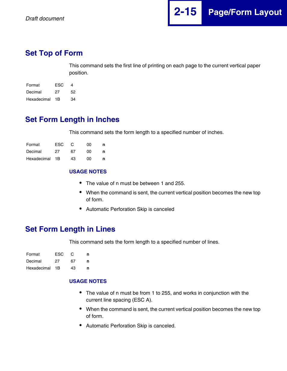 Set top of form, Set form length in inches, Set form length in lines | Page/form layout | Lexmark 258x User Manual | Page 35 / 120