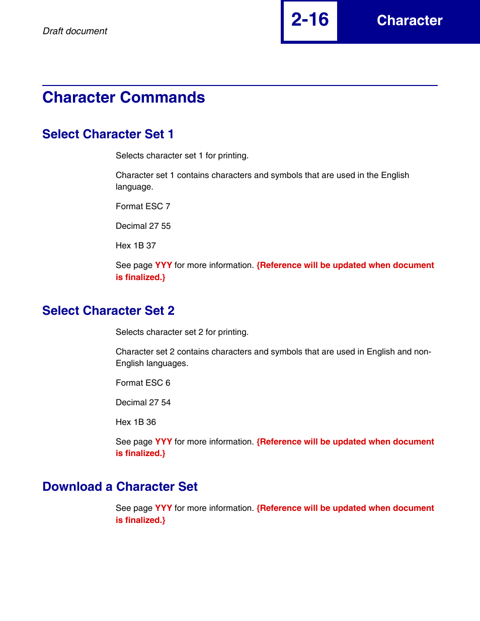 Character commands, Select character set 1, Select character set 2 | Download a character set, Character commands -16, Character | Lexmark 258x User Manual | Page 36 / 120