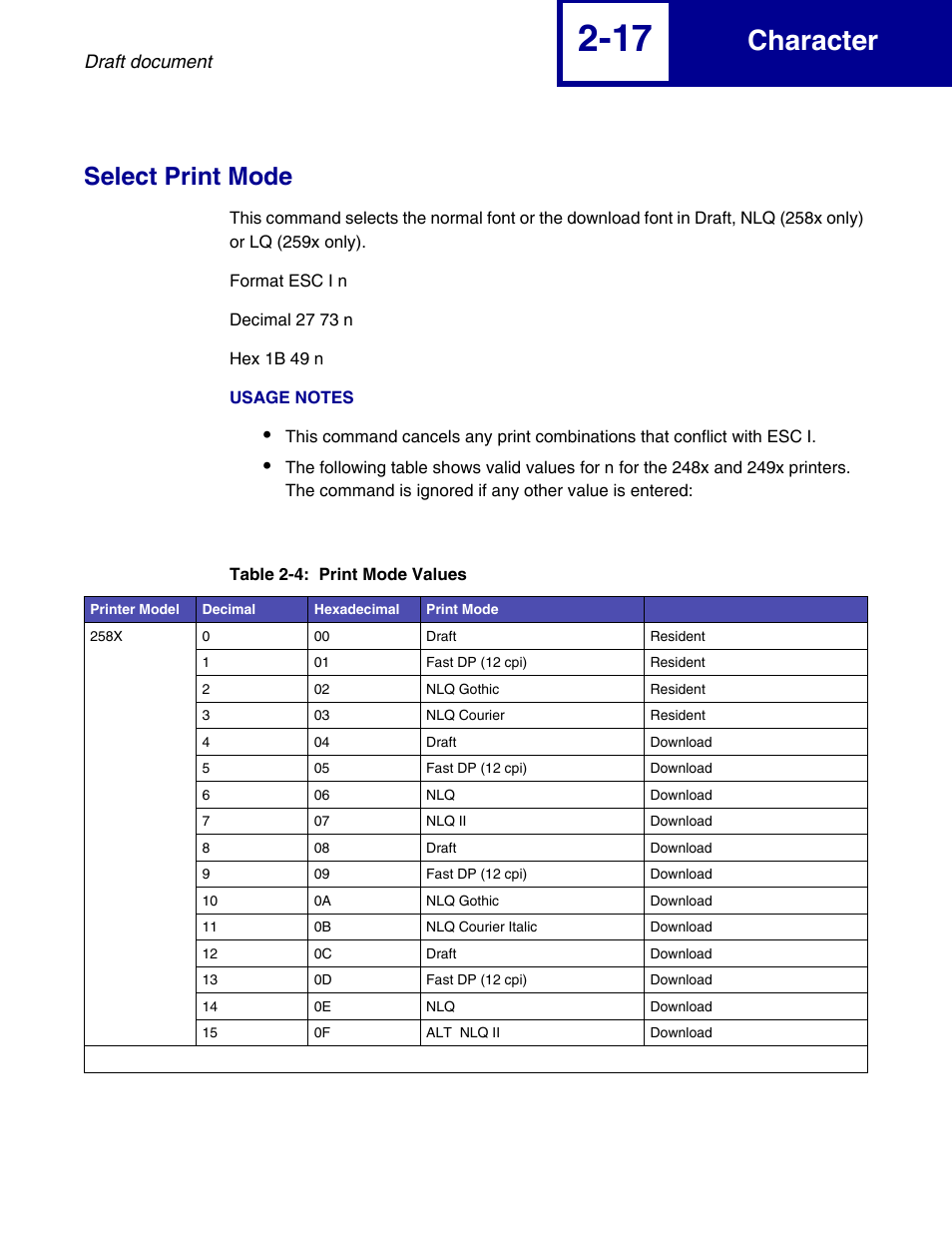 Select print mode, Select print mode -17, Character | Lexmark 258x User Manual | Page 37 / 120