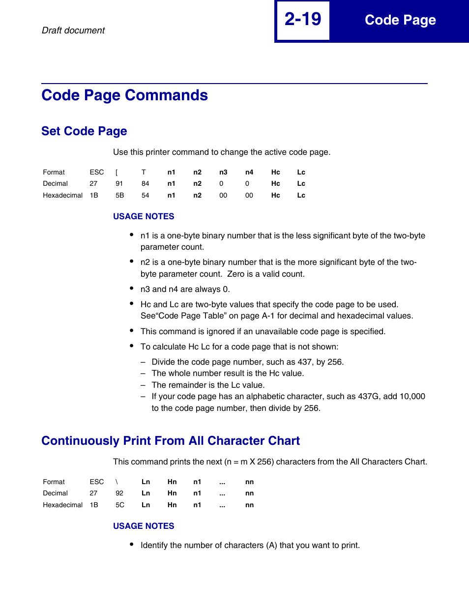 Continuously print from all character chart, Code page commands, Code page | Set code page | Lexmark 258x User Manual | Page 39 / 120