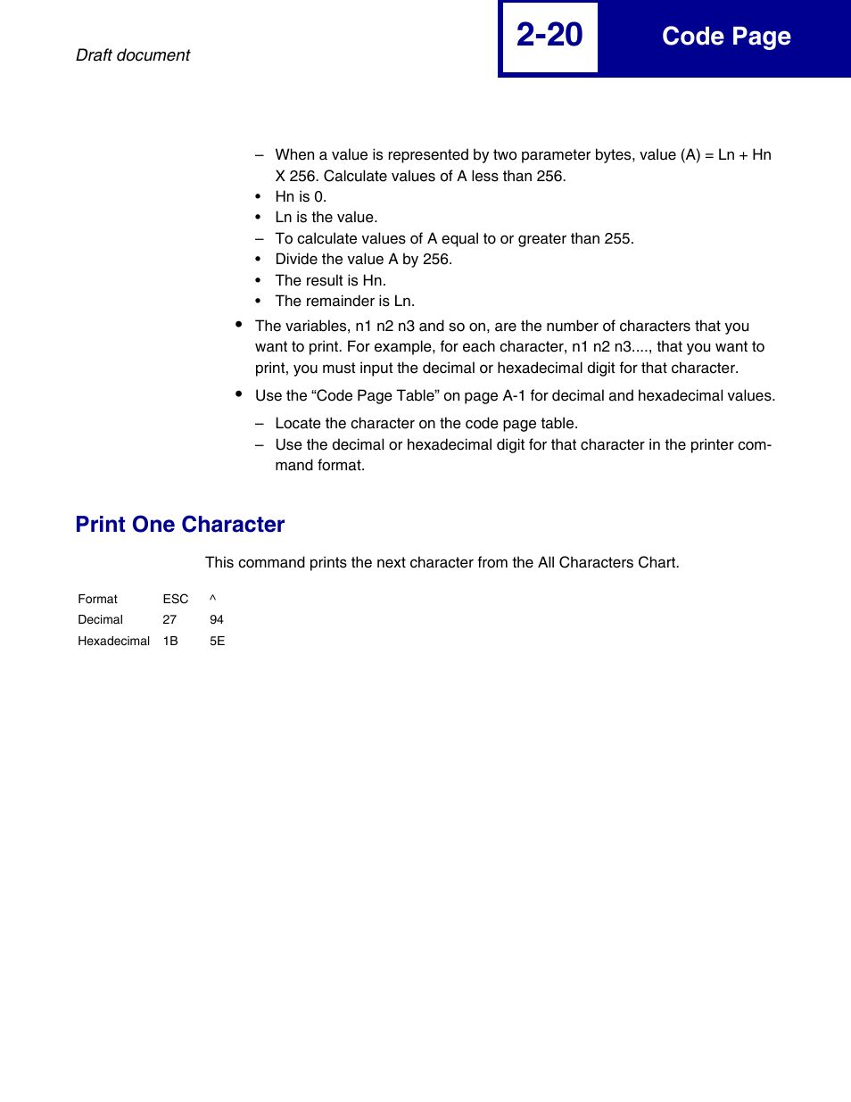 Print one character, Print one character -20, Code page | Lexmark 258x User Manual | Page 40 / 120