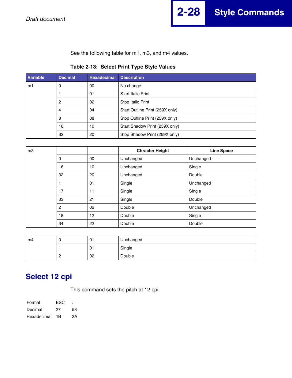 Select 12 cpi, Select 12 cpi -28, Style commands | Lexmark 258x User Manual | Page 48 / 120