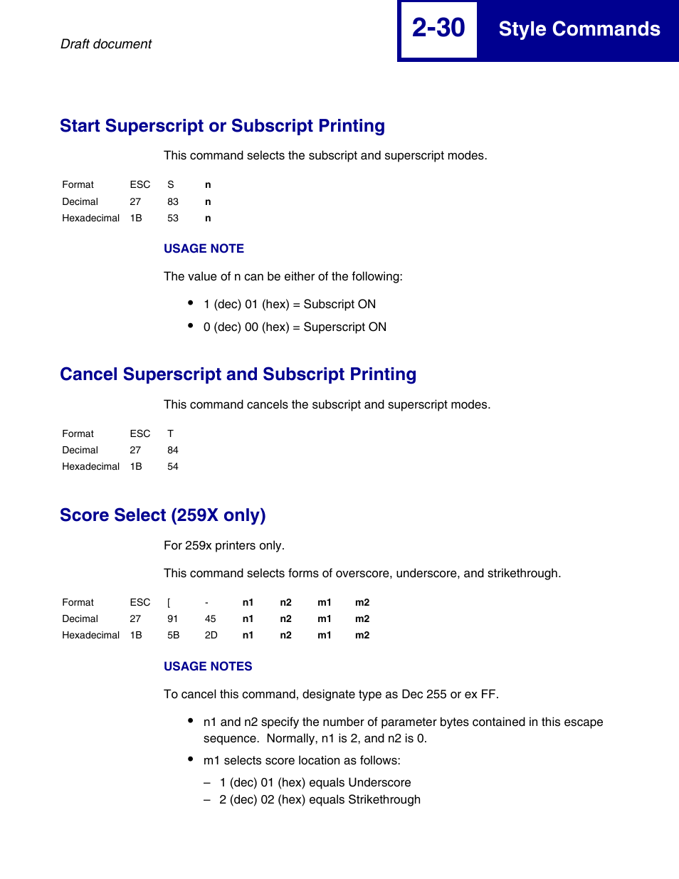 Start superscript or subscript printing, Cancel superscript and subscript printing, Score select (259x only) | Style commands | Lexmark 258x User Manual | Page 50 / 120