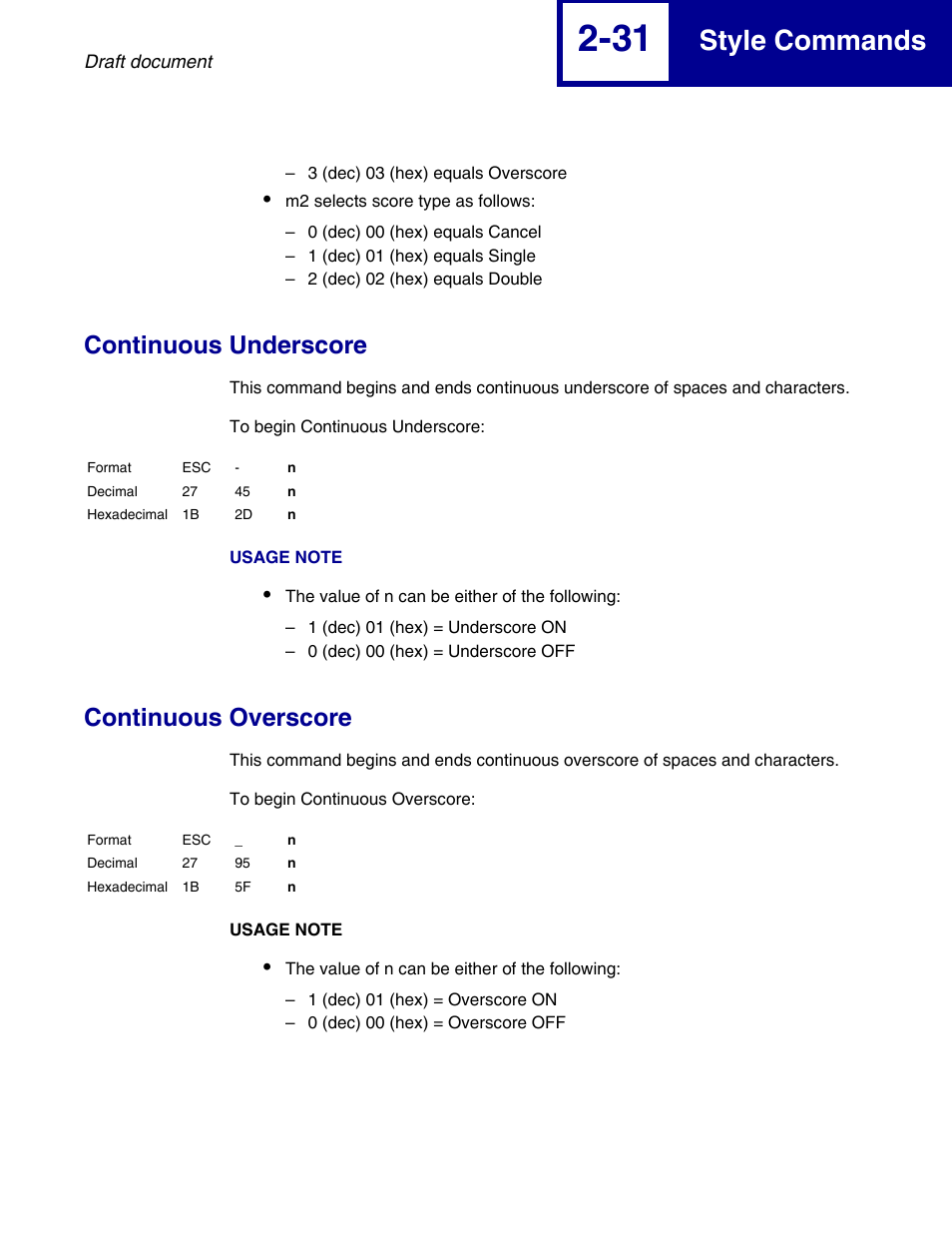 Continuous underscore, Continuous overscore, Continuous underscore -31 continuous overscore -31 | Style commands | Lexmark 258x User Manual | Page 51 / 120