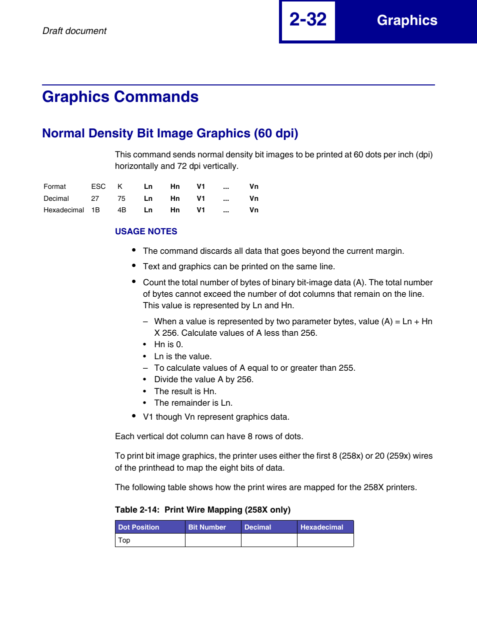 Graphics commands, Normal density bit image graphics (60 dpi), Graphics commands -32 | Normal density bit image graphics (60 dpi) -32, Graphics | Lexmark 258x User Manual | Page 52 / 120