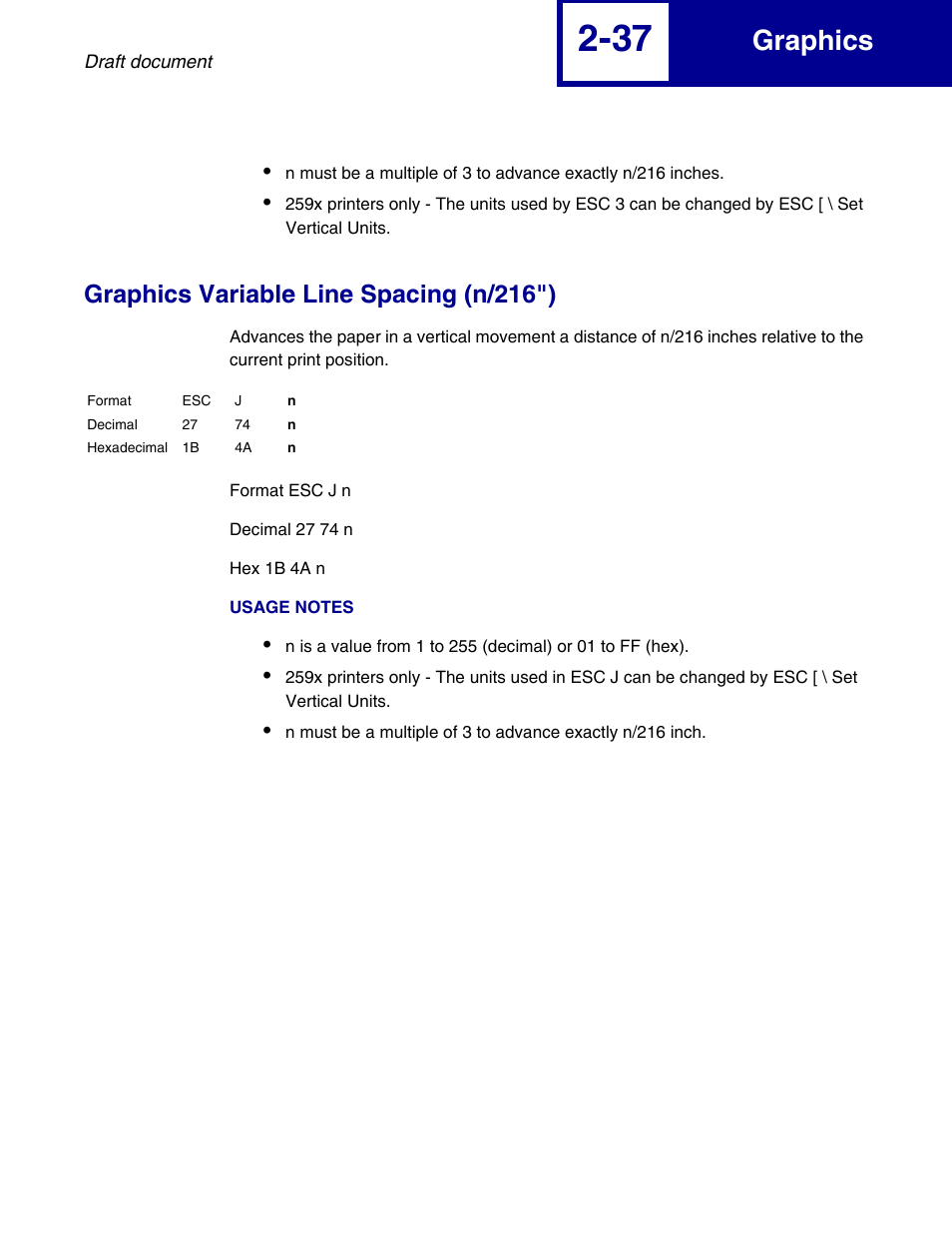 Graphics variable line spacing (n/216"), Graphics variable line spacing (n/216") -37, Graphics | Lexmark 258x User Manual | Page 57 / 120