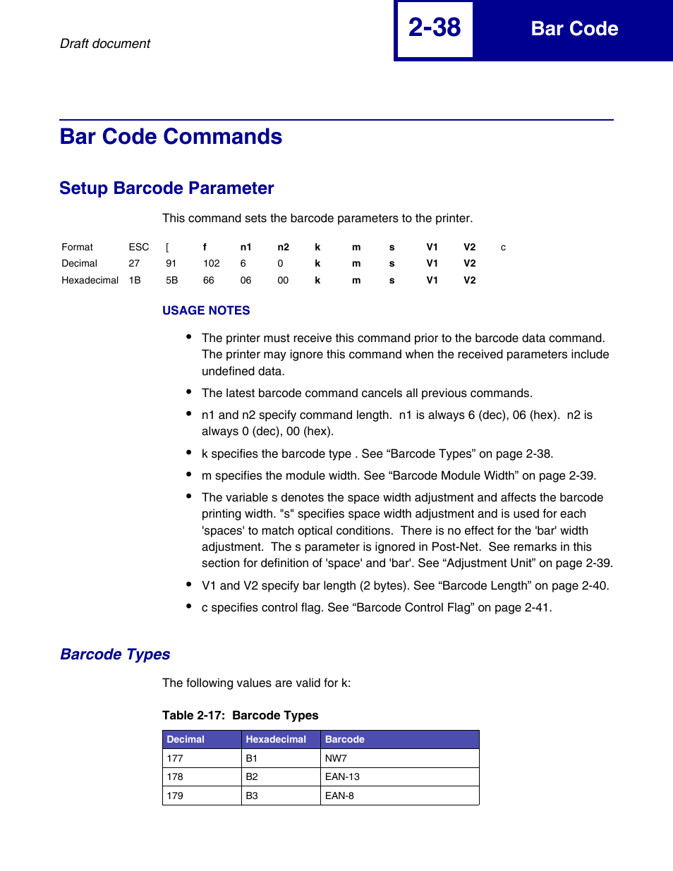 Bar code commands, Setup barcode parameter, Barcode types | Bar code commands -38, Setup barcode parameter -38, Barcode types -38, Bar code | Lexmark 258x User Manual | Page 58 / 120
