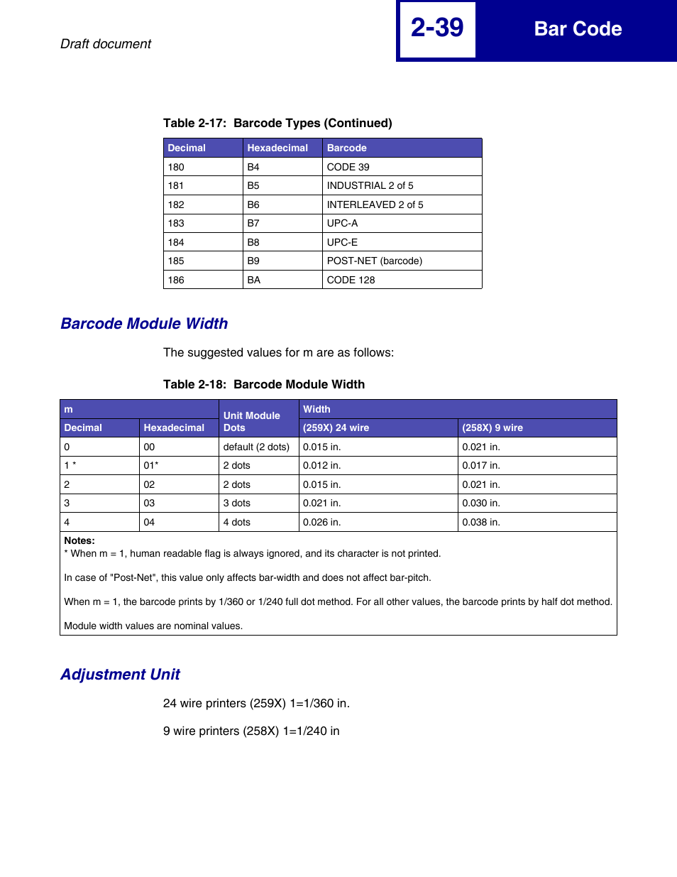 Barcode module width, Adjustment unit, Barcode module width -39 adjustment unit -39 | Bar code | Lexmark 258x User Manual | Page 59 / 120