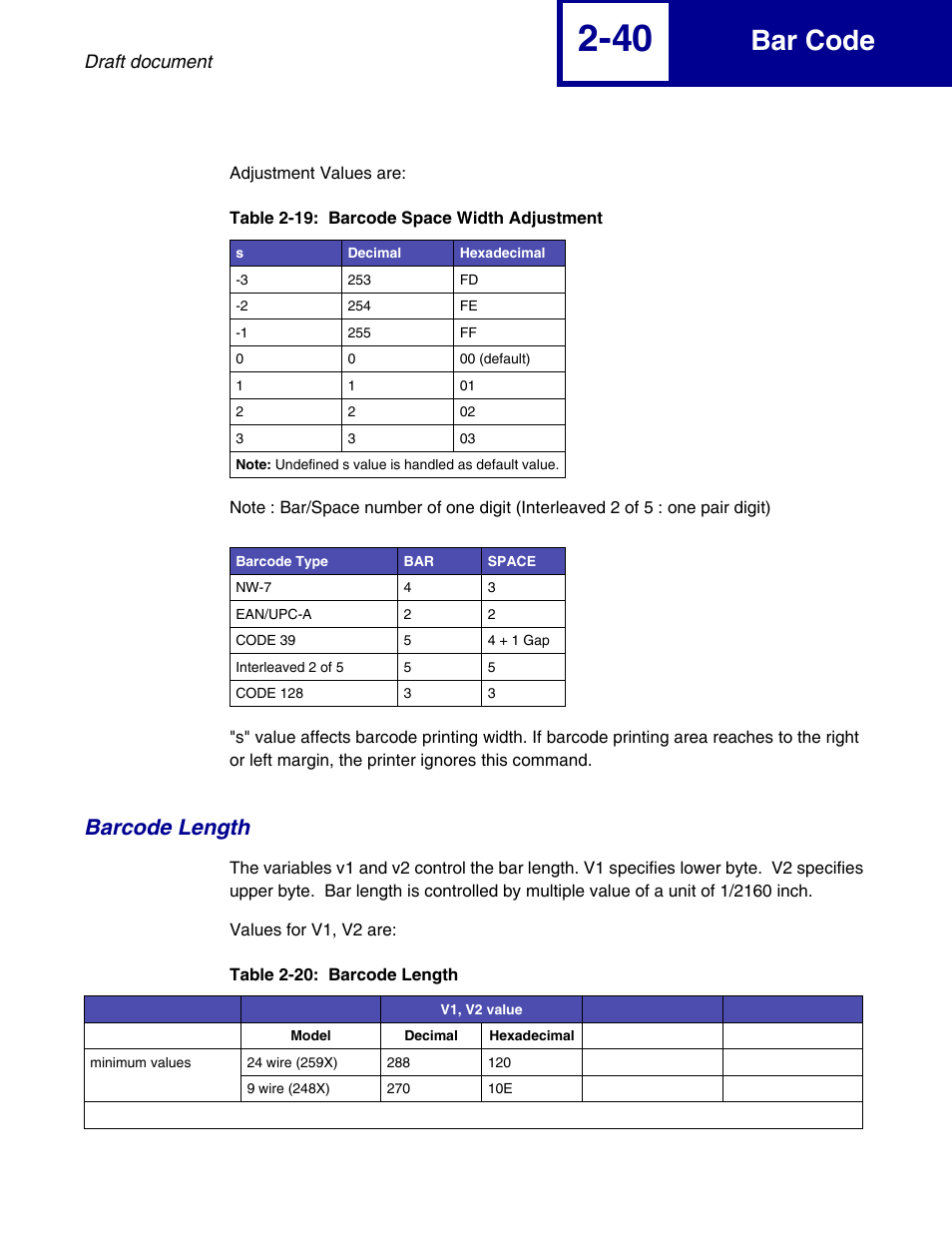 Barcode length, Barcode length -40, Bar code | Lexmark 258x User Manual | Page 60 / 120