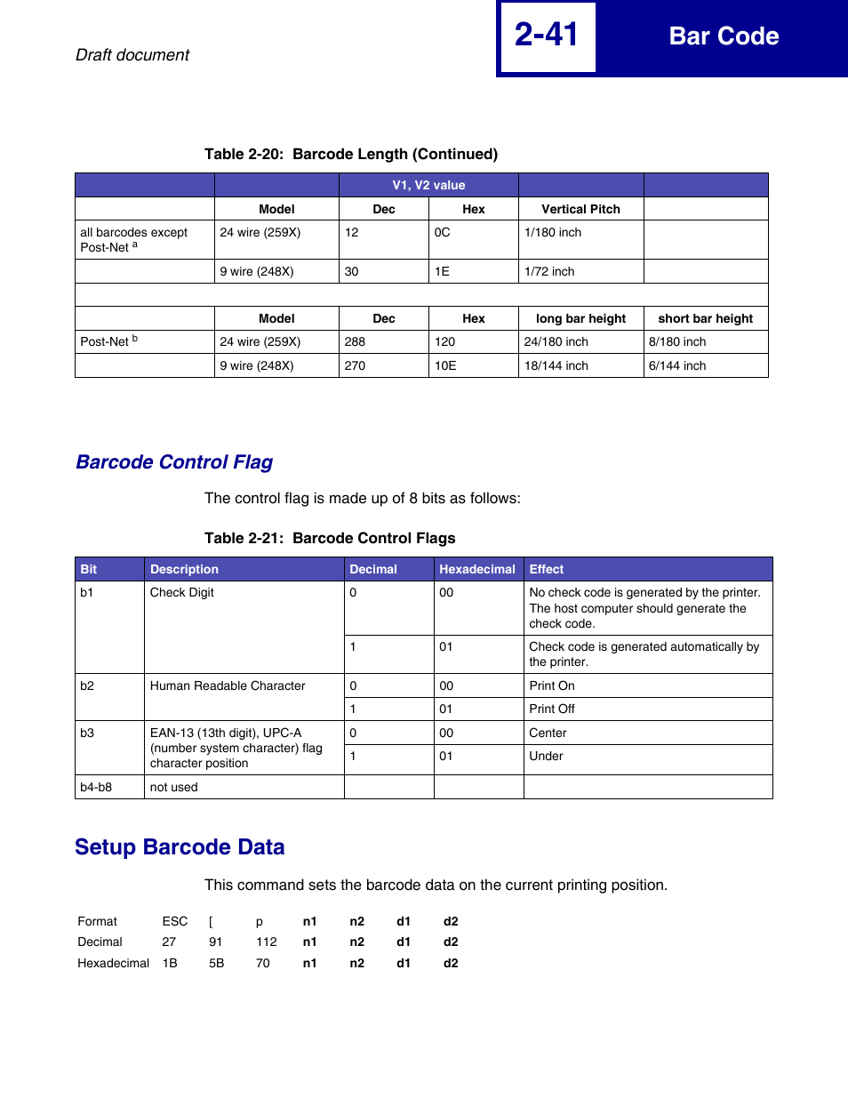 Barcode control flag, Setup barcode data, Barcode control flag -41 | Setup barcode data -41, Bar code | Lexmark 258x User Manual | Page 61 / 120