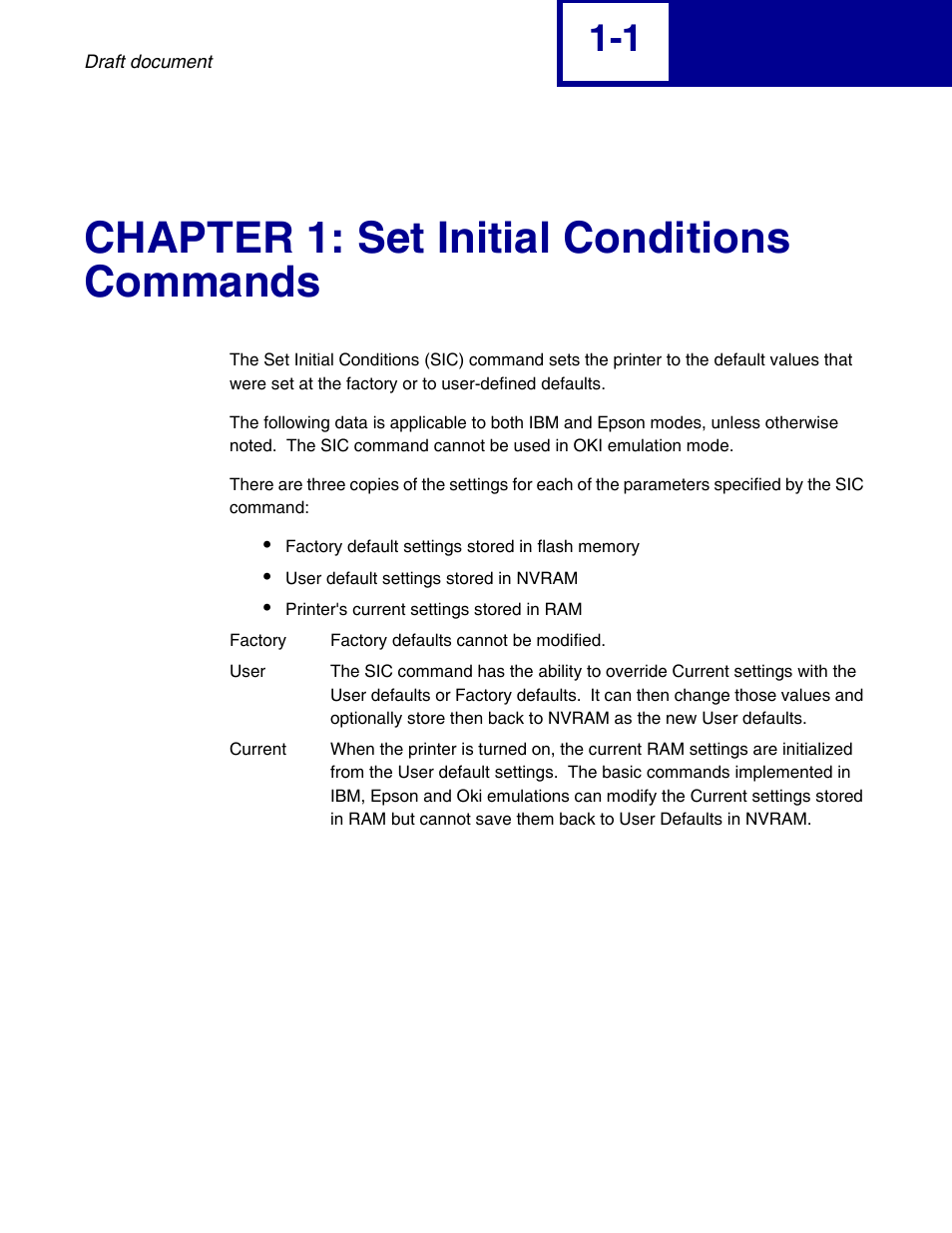Chapter 1: set initial conditions commands, Set initial conditions commands -1 | Lexmark 258x User Manual | Page 7 / 120