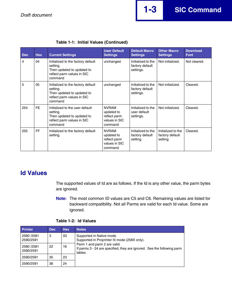Id values, Id values -3, Sic command | Lexmark 258x User Manual | Page 9 / 120