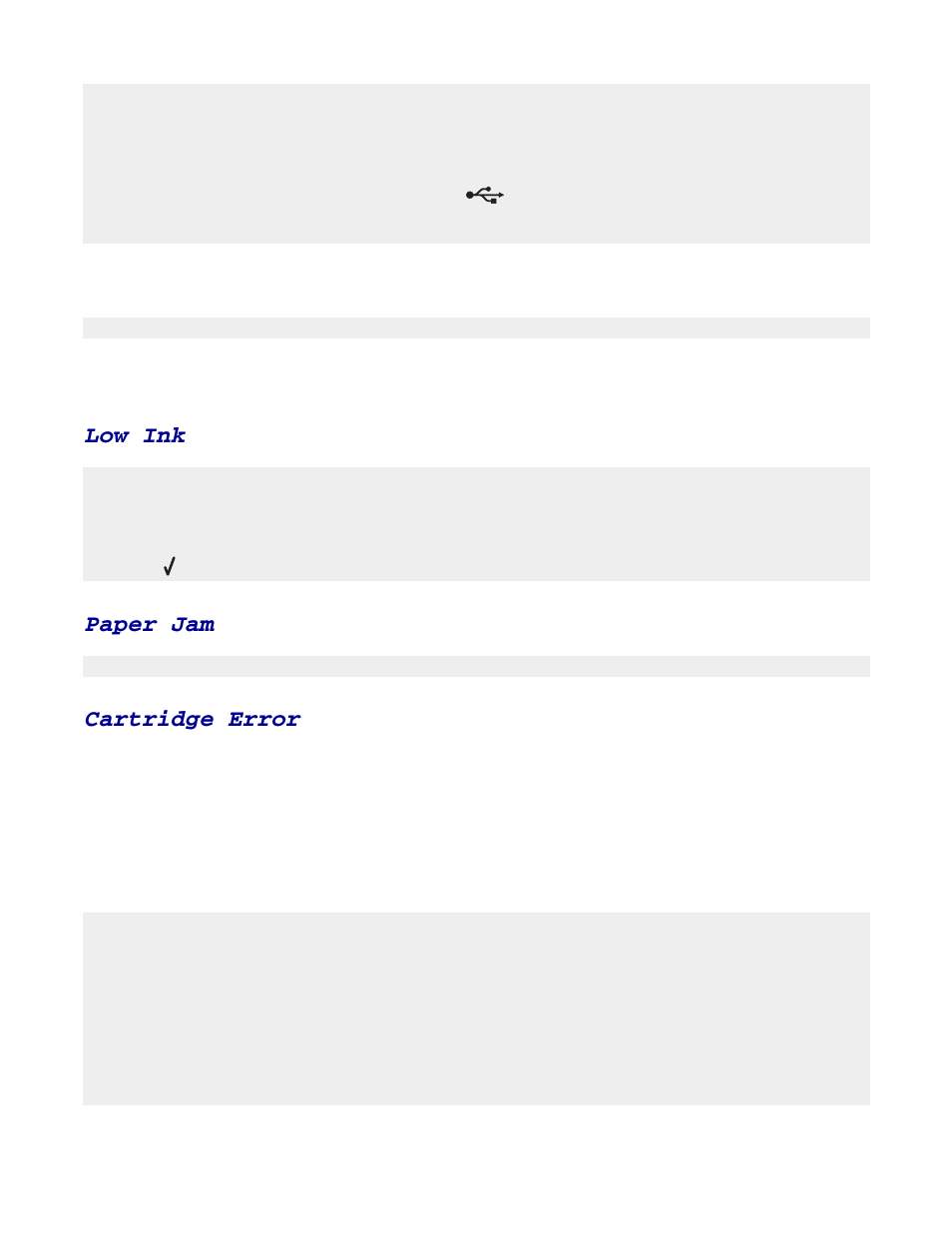 Error messages on display, Error messages, Low ink | Paper jam, Cartridge error | Lexmark 8300 Series User Manual | Page 121 / 136
