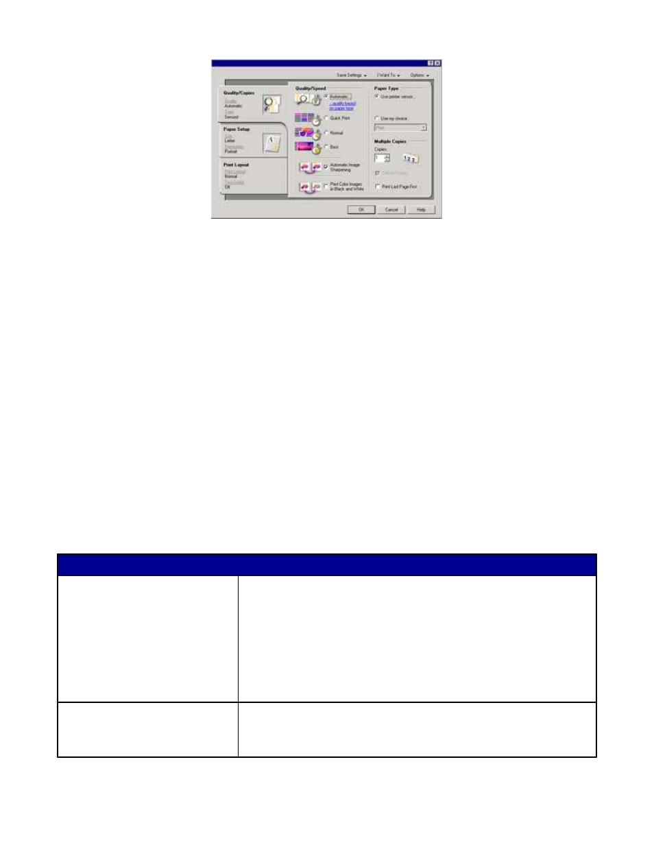 Save settings menu, I want to menu, Options menu | Print properties tabs | Lexmark 8300 Series User Manual | Page 39 / 136