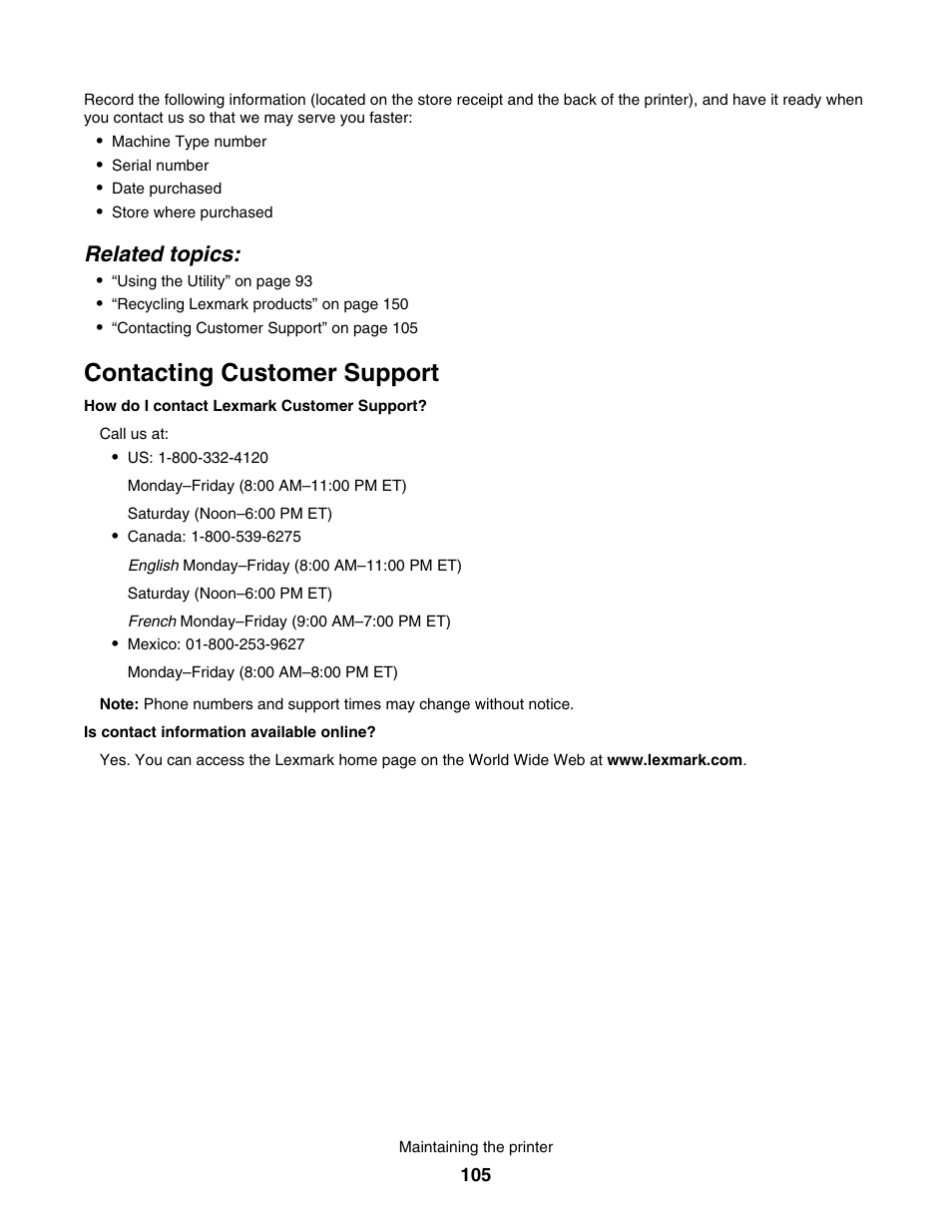 Contacting customer support, Related topics | Lexmark 4800 User Manual | Page 105 / 166