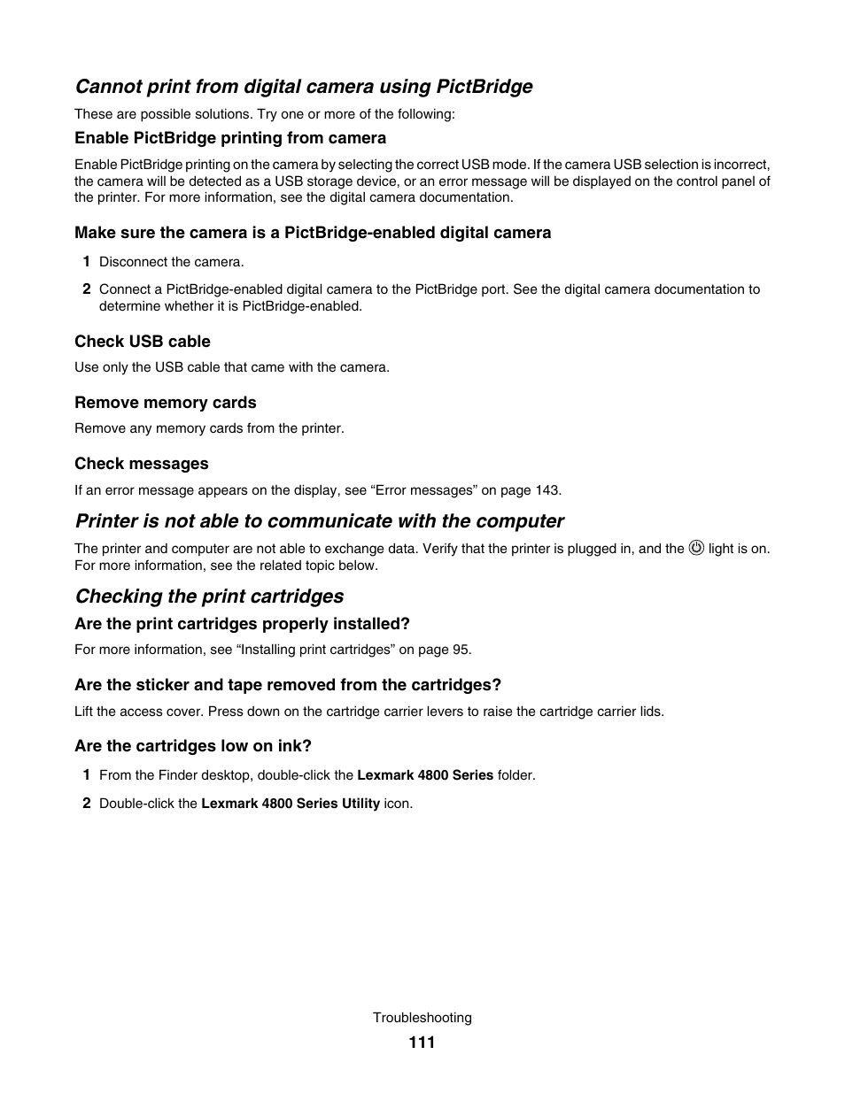 Cannot print from digital camera using pictbridge, Checking the print cartridges | Lexmark 4800 User Manual | Page 111 / 166