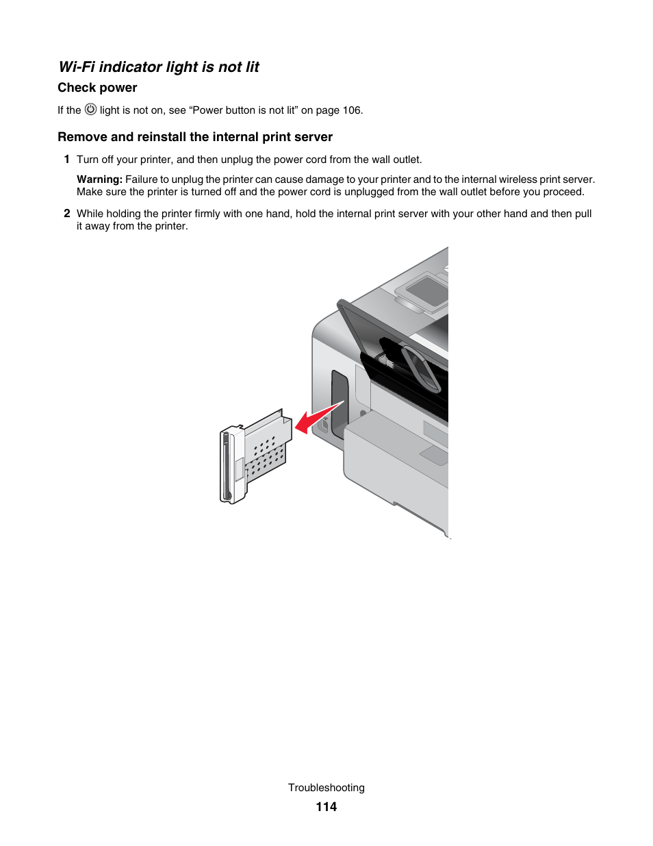 Wi-fi indicator light is not lit | Lexmark 4800 User Manual | Page 114 / 166