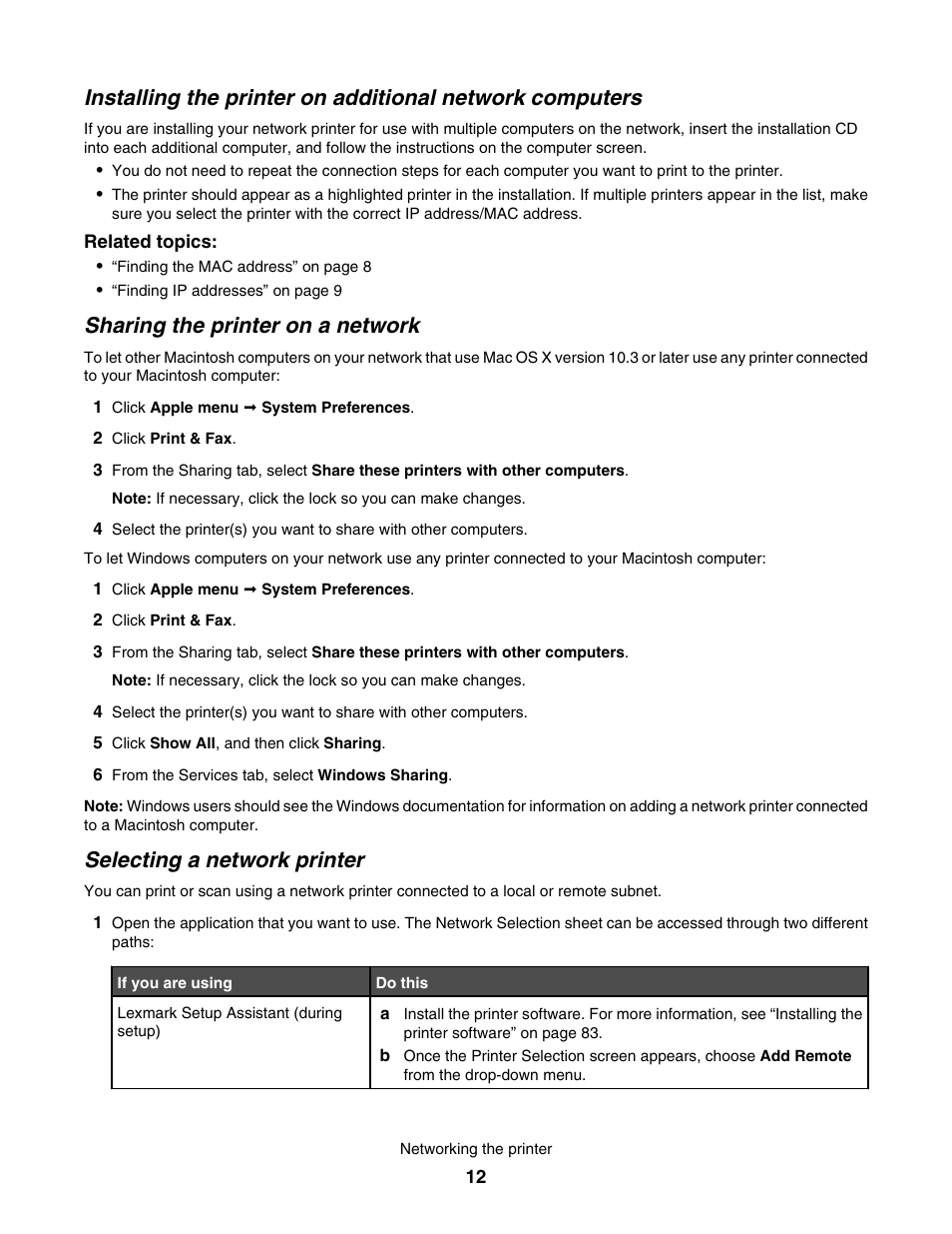 Sharing the printer on a network, Selecting a network printer | Lexmark 4800 User Manual | Page 12 / 166