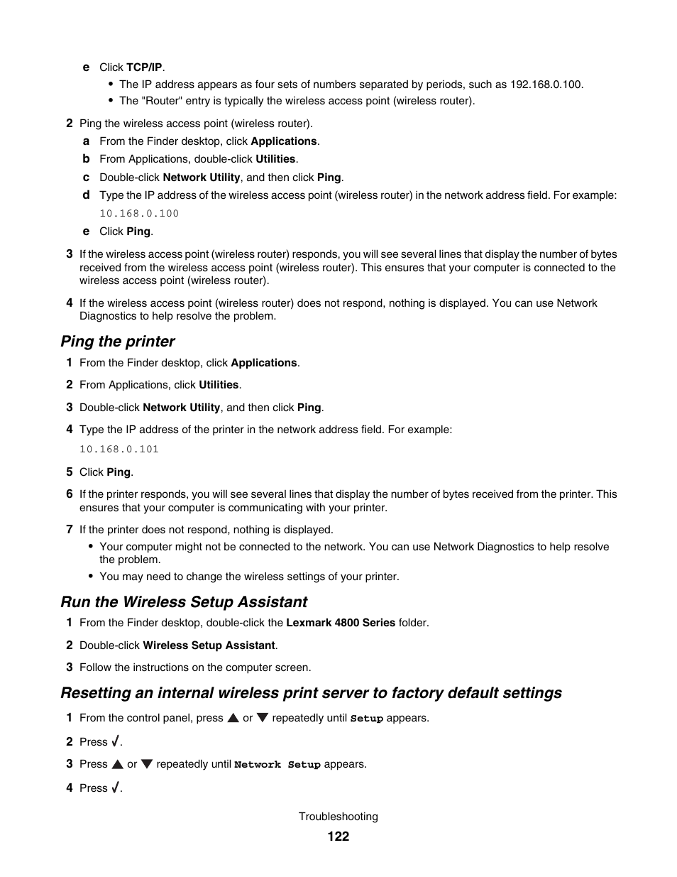 Ping the printer, Run the wireless setup assistant | Lexmark 4800 User Manual | Page 122 / 166