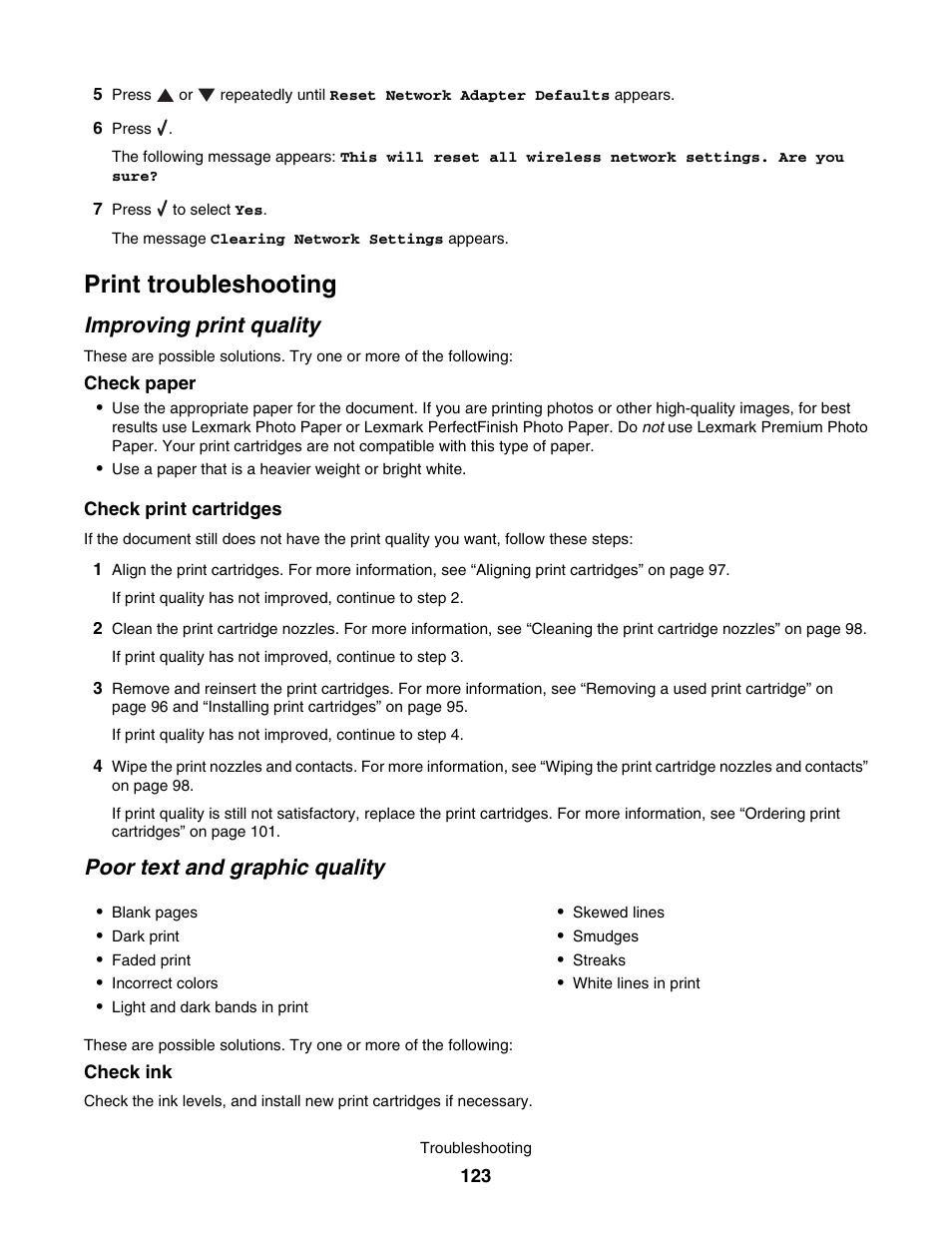 Print troubleshooting, Improving print quality, Poor text and graphic quality | Lexmark 4800 User Manual | Page 123 / 166