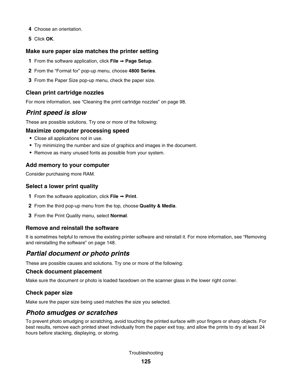 Print speed is slow, Partial document or photo prints, Photo smudges or scratches | Lexmark 4800 User Manual | Page 125 / 166