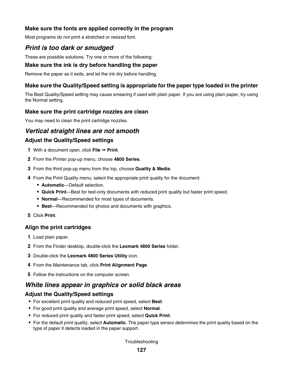 Print is too dark or smudged, Vertical straight lines are not smooth | Lexmark 4800 User Manual | Page 127 / 166
