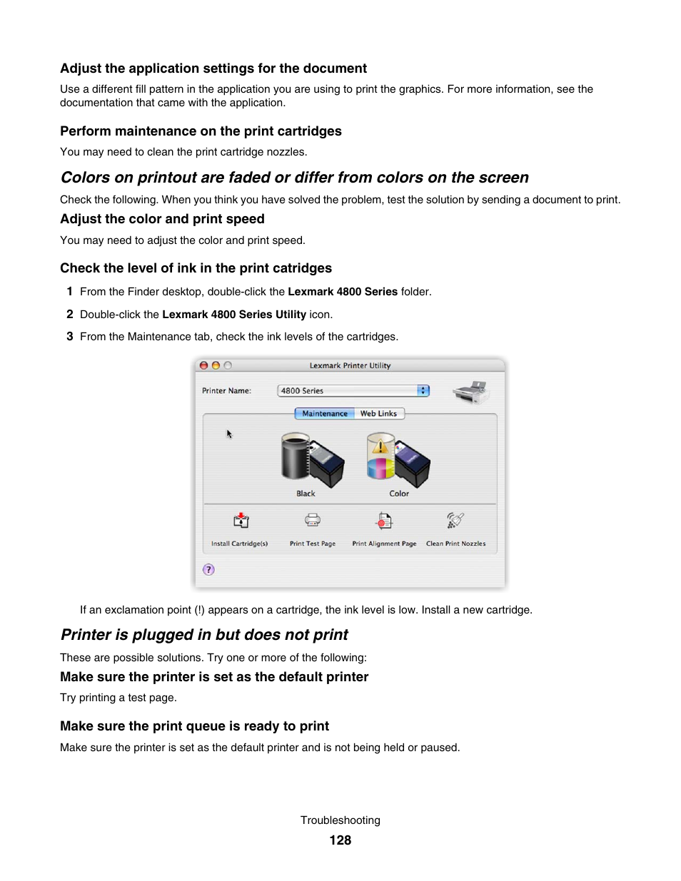 Printer is plugged in but does not print | Lexmark 4800 User Manual | Page 128 / 166