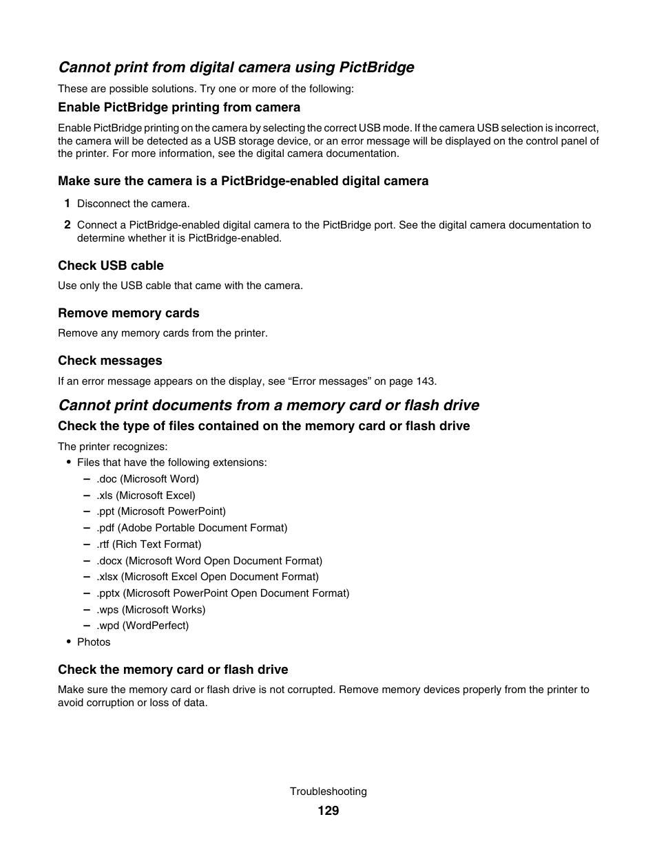 Cannot print from digital camera using pictbridge | Lexmark 4800 User Manual | Page 129 / 166