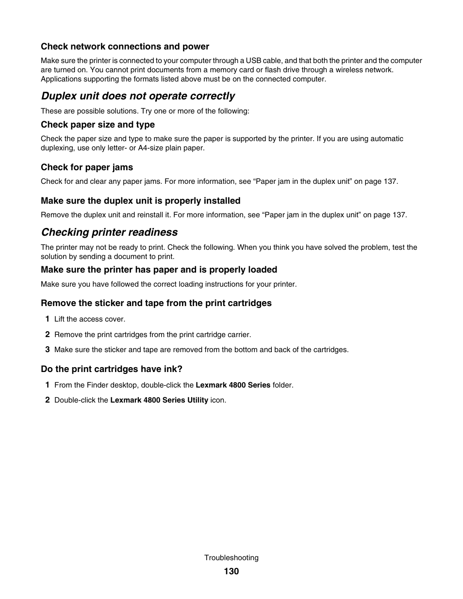 Duplex unit does not operate correctly, Checking printer readiness | Lexmark 4800 User Manual | Page 130 / 166