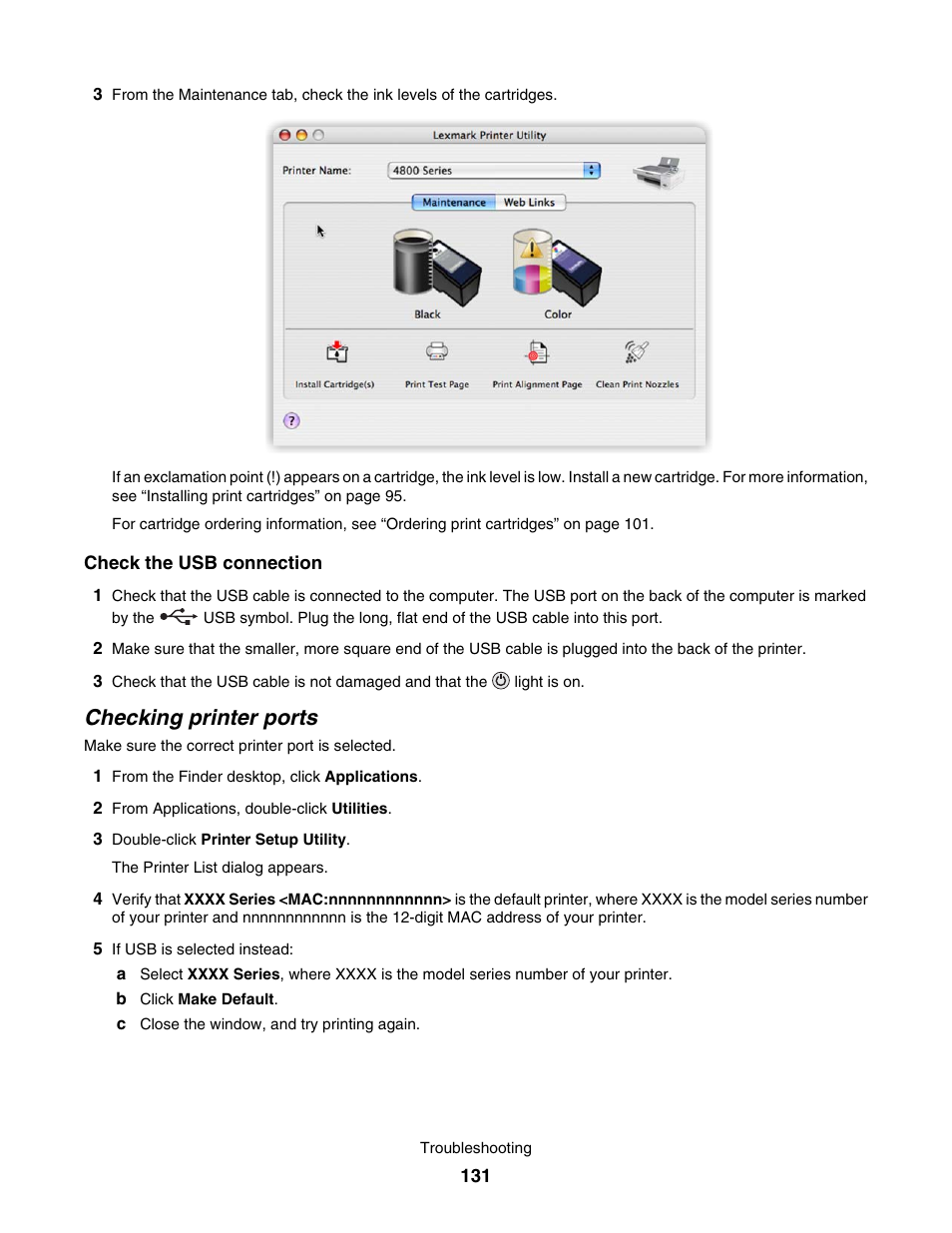 Checking printer ports | Lexmark 4800 User Manual | Page 131 / 166
