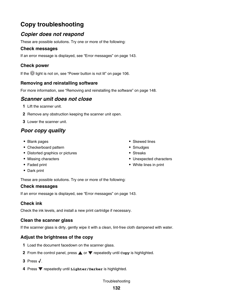 Copy troubleshooting, Copier does not respond, Scanner unit does not close | Poor copy quality | Lexmark 4800 User Manual | Page 132 / 166