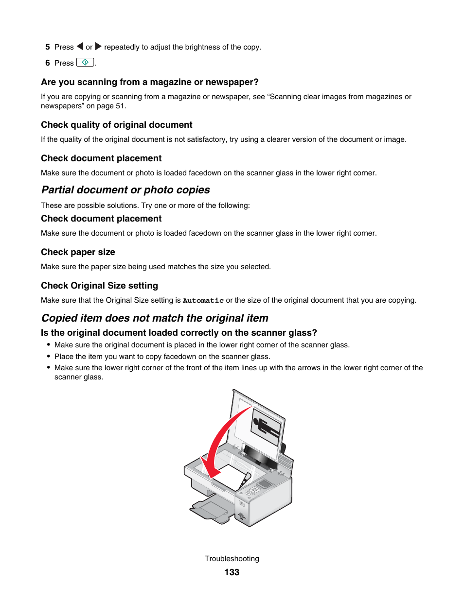 Partial document or photo copies, Copied item does not match the original item | Lexmark 4800 User Manual | Page 133 / 166
