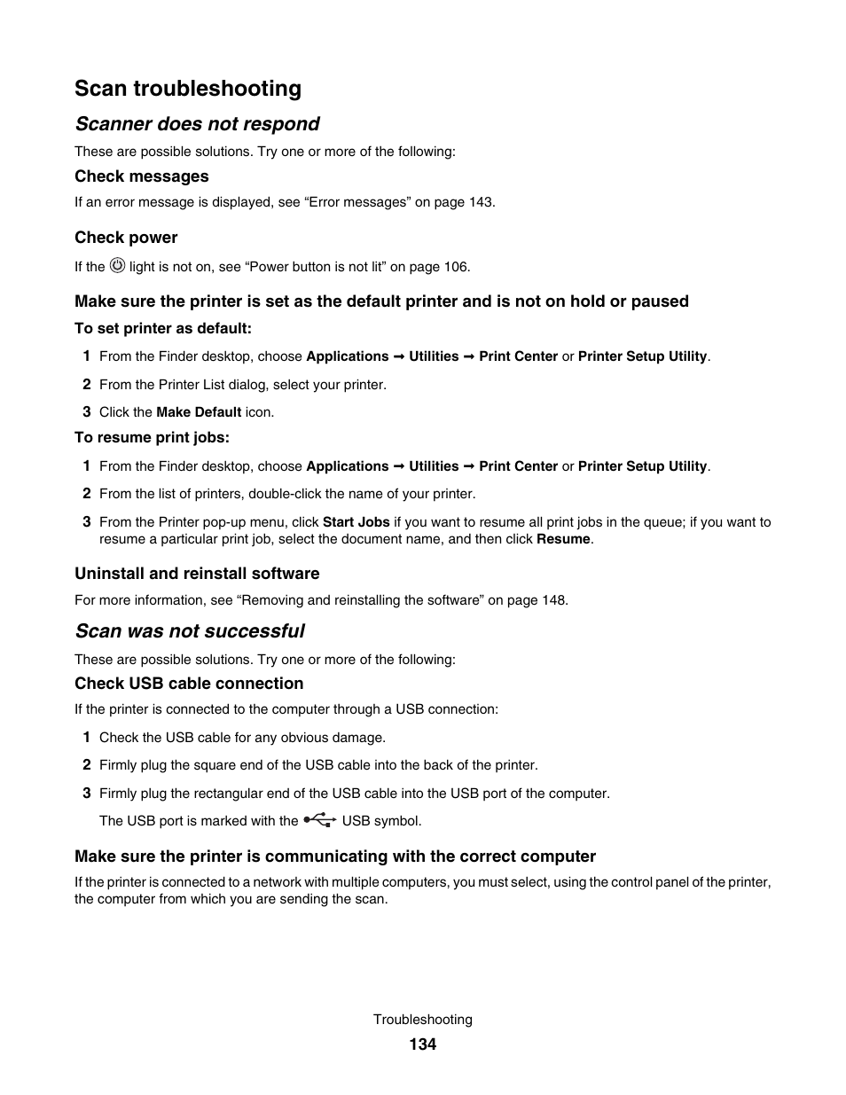 Scan troubleshooting, Scanner does not respond, Scan was not successful | Lexmark 4800 User Manual | Page 134 / 166