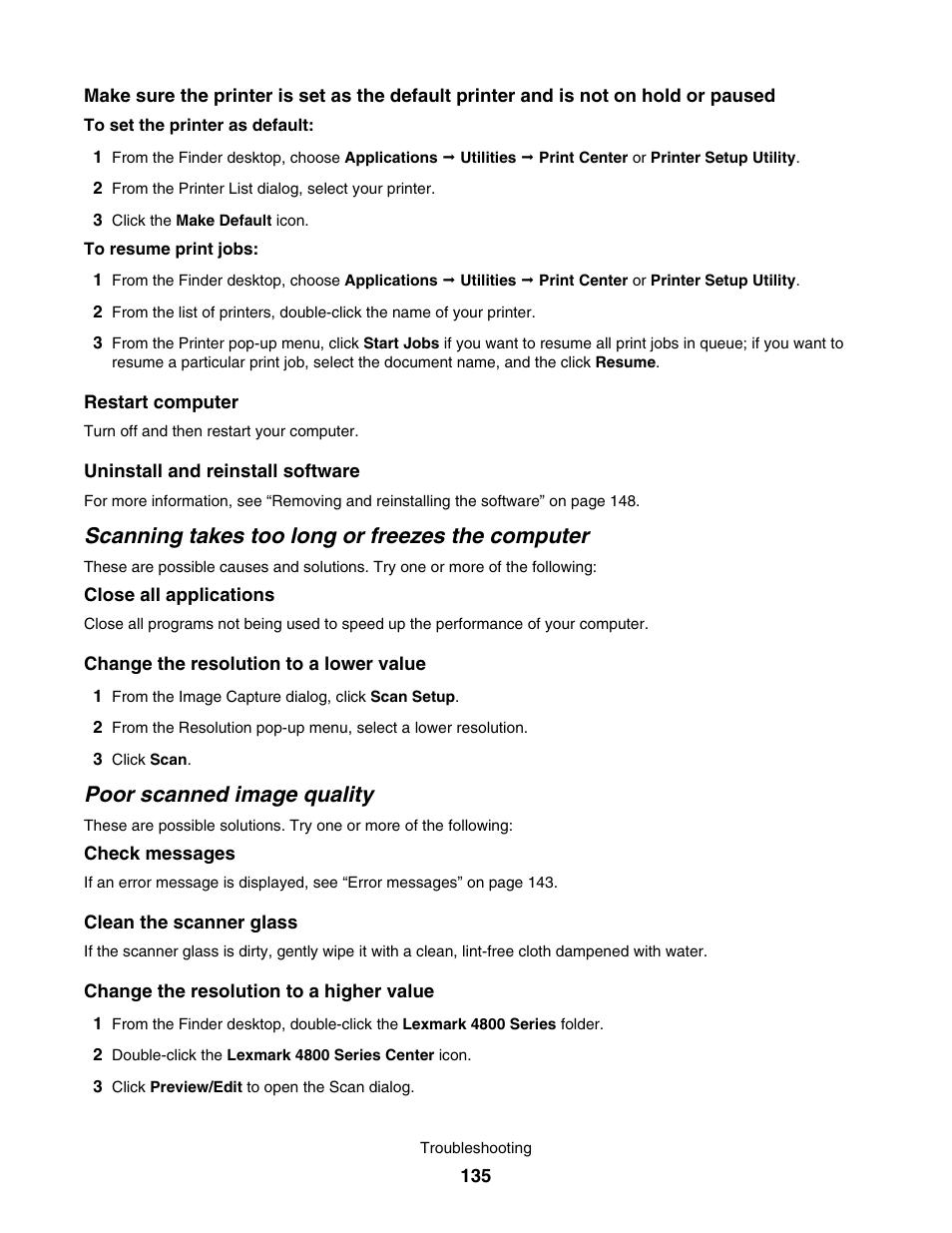 Scanning takes too long or freezes the computer, Poor scanned image quality | Lexmark 4800 User Manual | Page 135 / 166