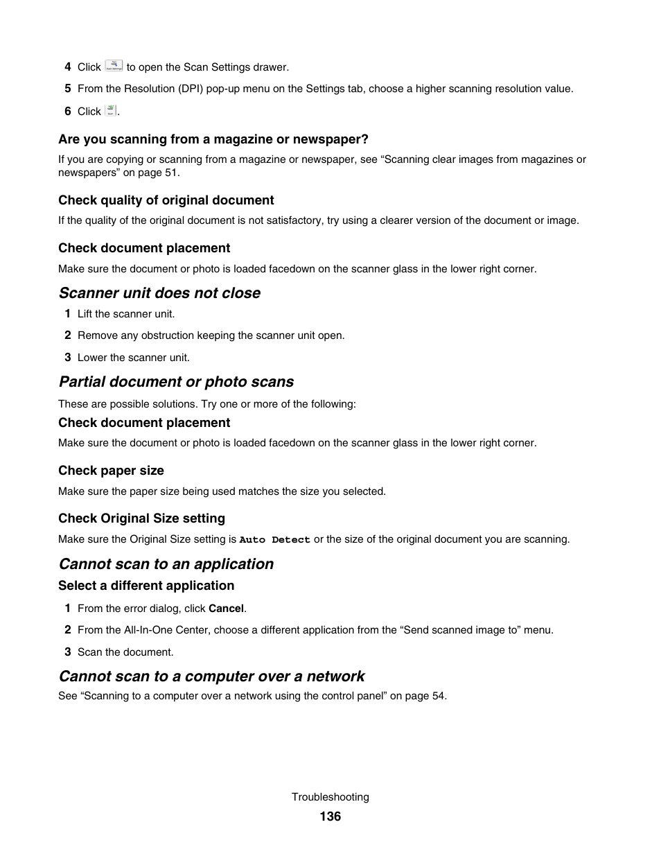 Scanner unit does not close, Partial document or photo scans, Cannot scan to an application | Cannot scan to a computer over a network | Lexmark 4800 User Manual | Page 136 / 166