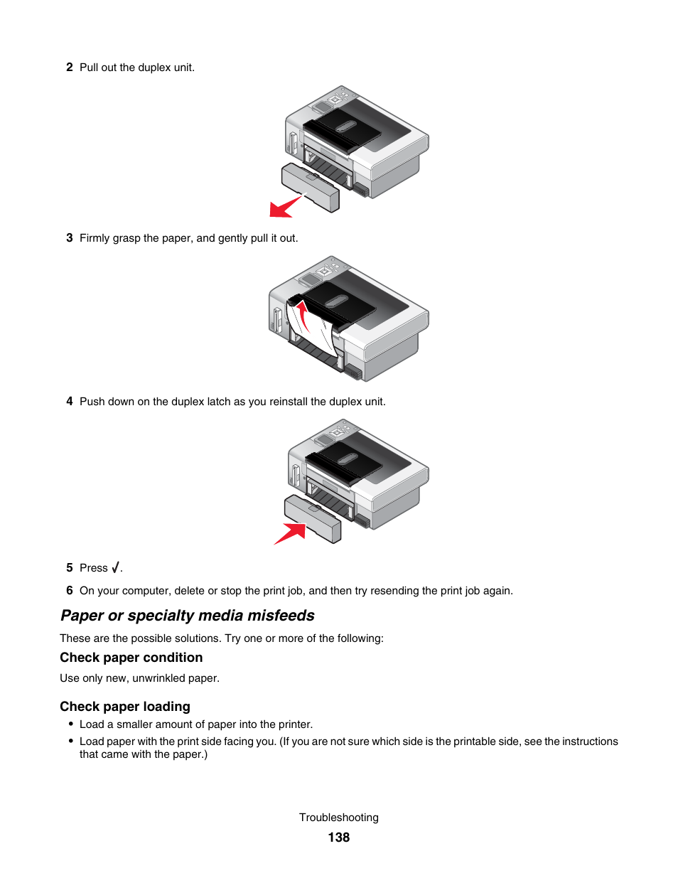 Paper or specialty media misfeeds | Lexmark 4800 User Manual | Page 138 / 166