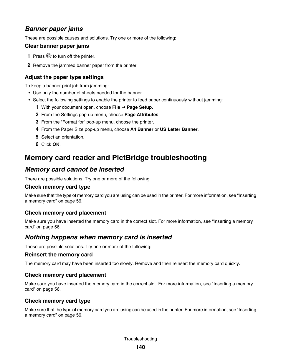 Banner paper jams, Memory card reader and pictbridge troubleshooting, Memory card cannot be inserted | Nothing happens when memory card is inserted | Lexmark 4800 User Manual | Page 140 / 166