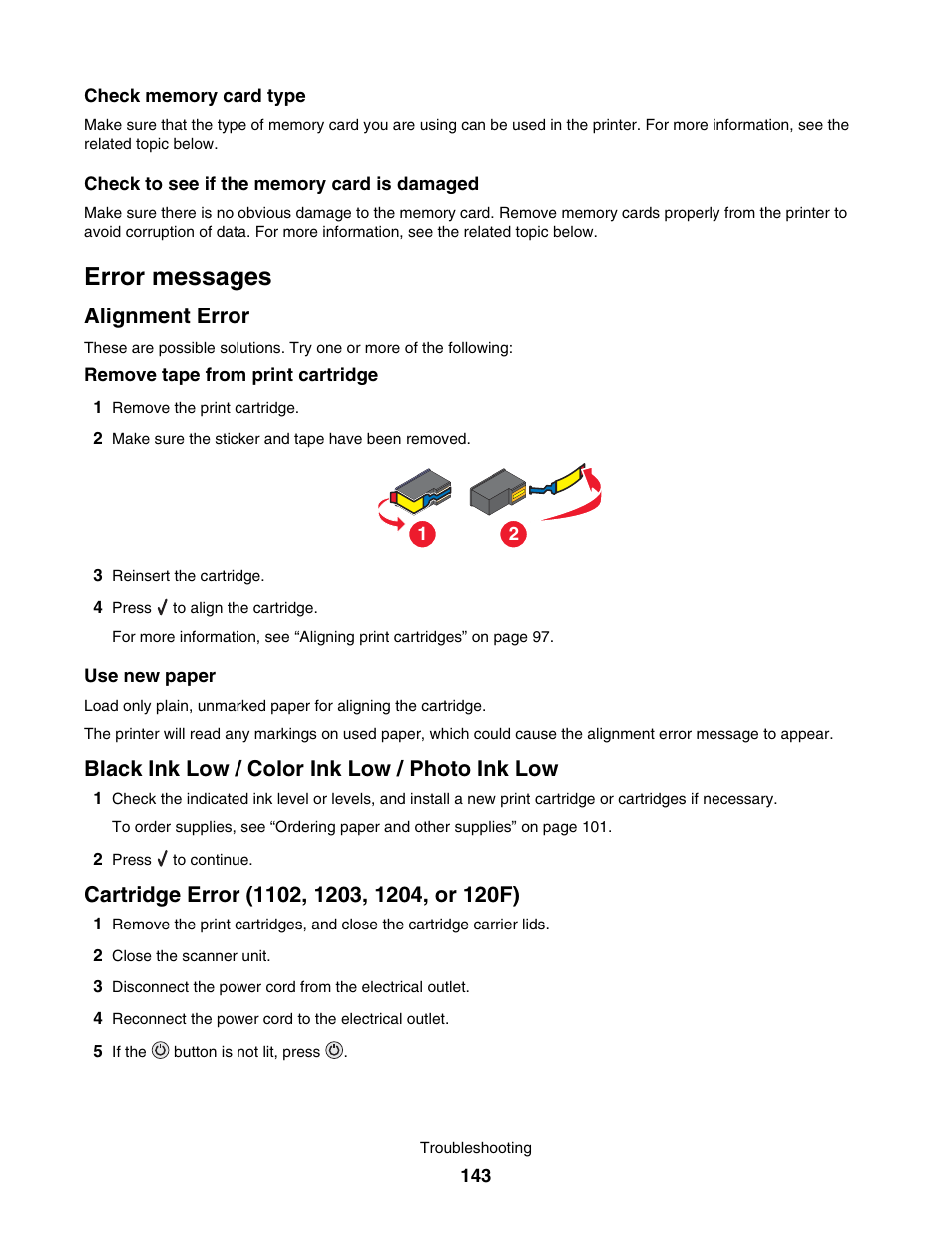 Error messages, Alignment error, Black ink low /﻿ color ink low /﻿ photo ink low | Cartridge error (1102, 1203, 1204, or 120f), Black ink low / color ink low / photo ink low | Lexmark 4800 User Manual | Page 143 / 166