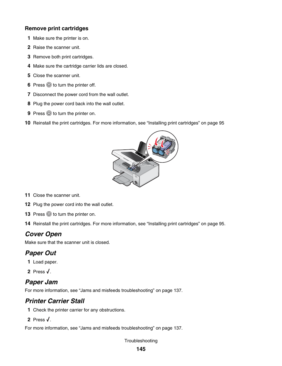 Cover open, Paper out, Paper jam | Printer carrier stall | Lexmark 4800 User Manual | Page 145 / 166