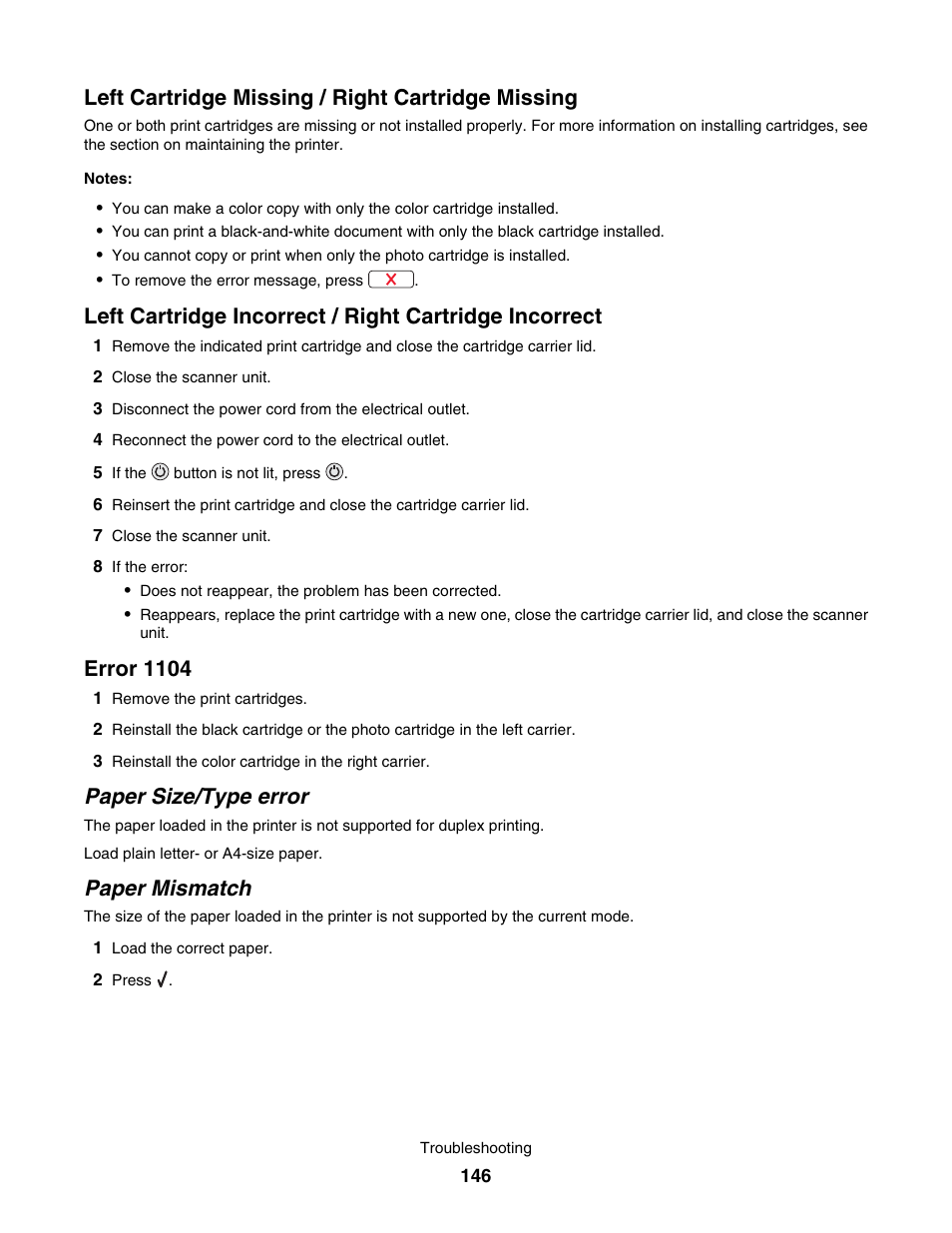 Left cartridge missing /﻿ right cartridge missing, Error 1104, Paper size/﻿type error | Paper mismatch, Left cartridge missing / right cartridge missing, Paper size/type error | Lexmark 4800 User Manual | Page 146 / 166