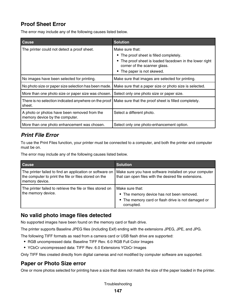 Proof sheet error, Print file error, No valid photo image files detected | Paper or photo size error | Lexmark 4800 User Manual | Page 147 / 166