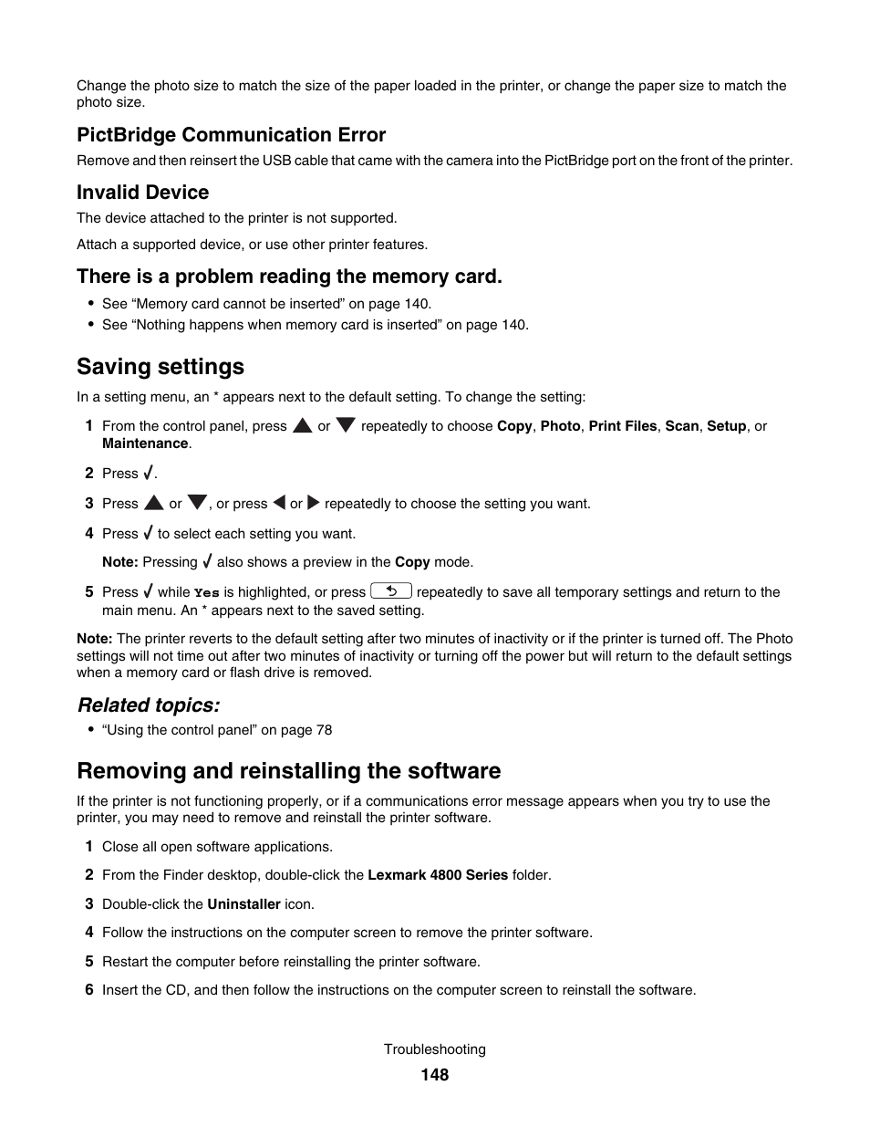 Pictbridge communication error, Invalid device, There is a problem reading the memory card | Saving settings, Removing and reinstalling the software, Related topics | Lexmark 4800 User Manual | Page 148 / 166